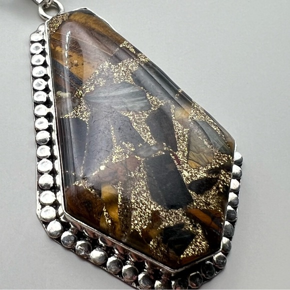 New Large Tigers Eye Stone Copper Acrylic Coffin Shaped Silver Overlay Pendant - Picture 3 of 6